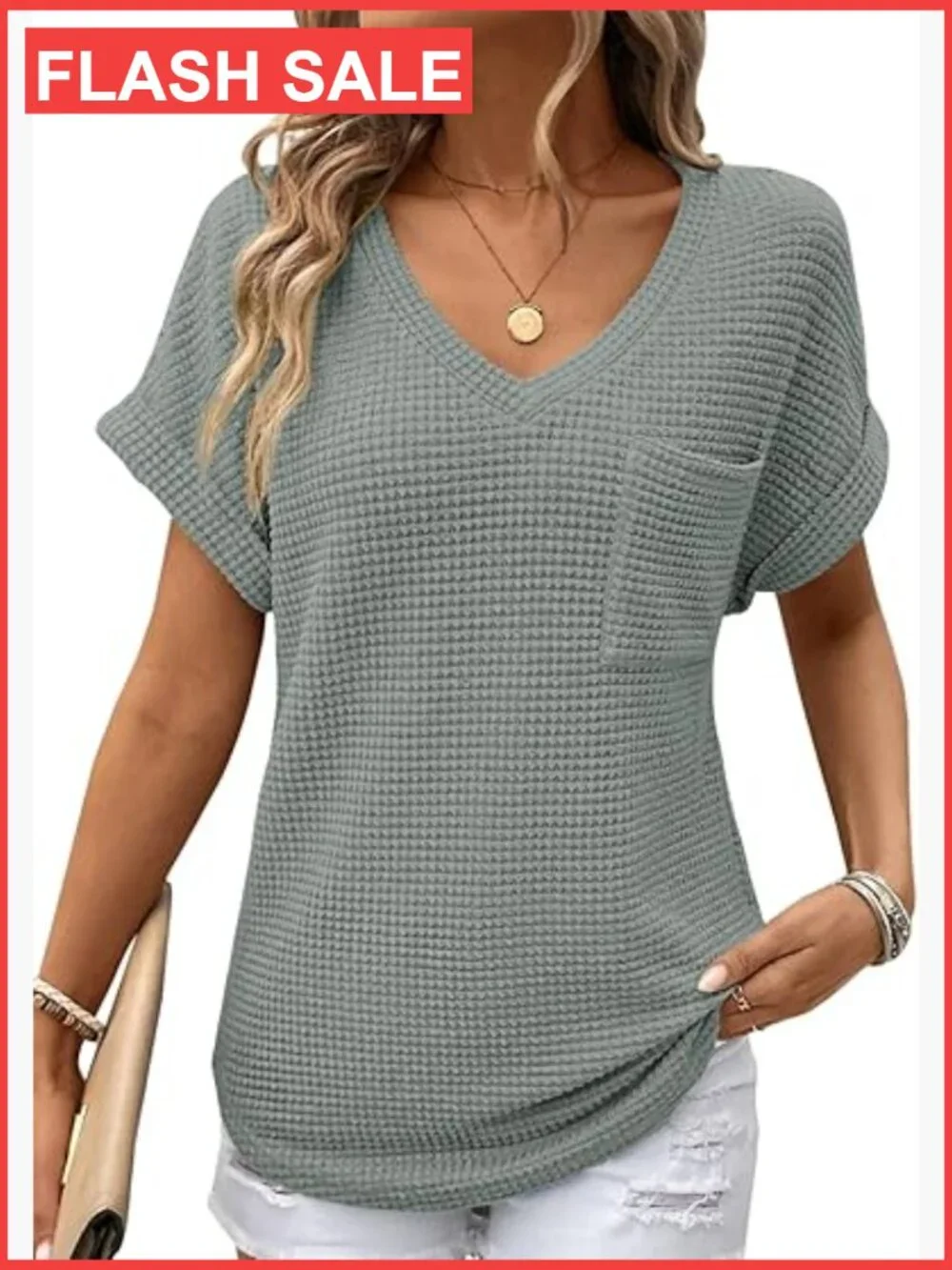 Waffle Knit V Neck Short Sleeve Top Tunic Tee Blouse